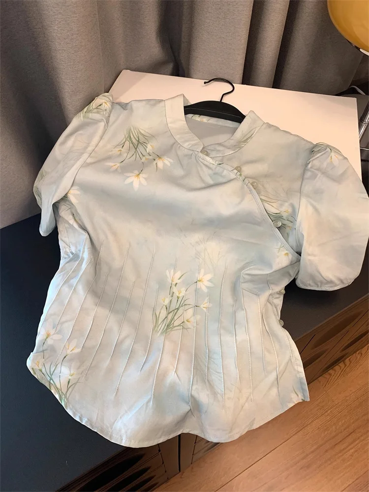 

New Chinese Style Short Sleeve Shirt Women's Summer Slim Fit Waist Cinching Button up Top High End Sensation Small Fragrance ...