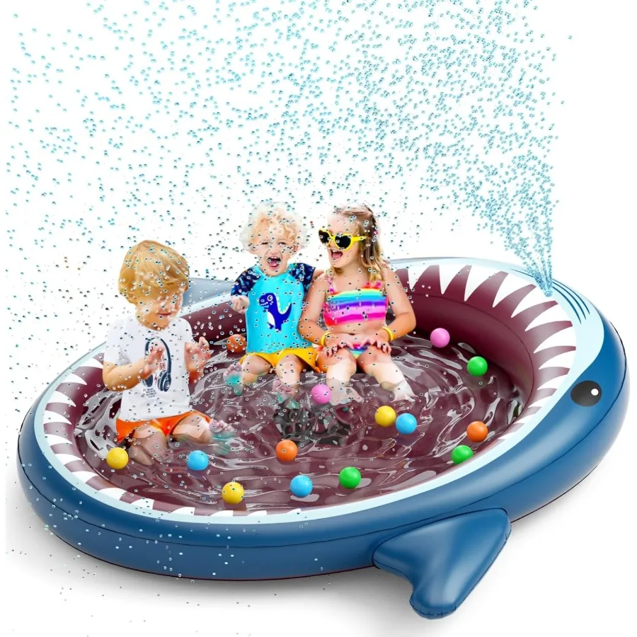 Irrigatore gonfiabile per piscina Kiddie da 71 pollici 3 in 1 con design a squalo per cani e giochi d'acqua estivi all'aperto per ragazzi e ragazze