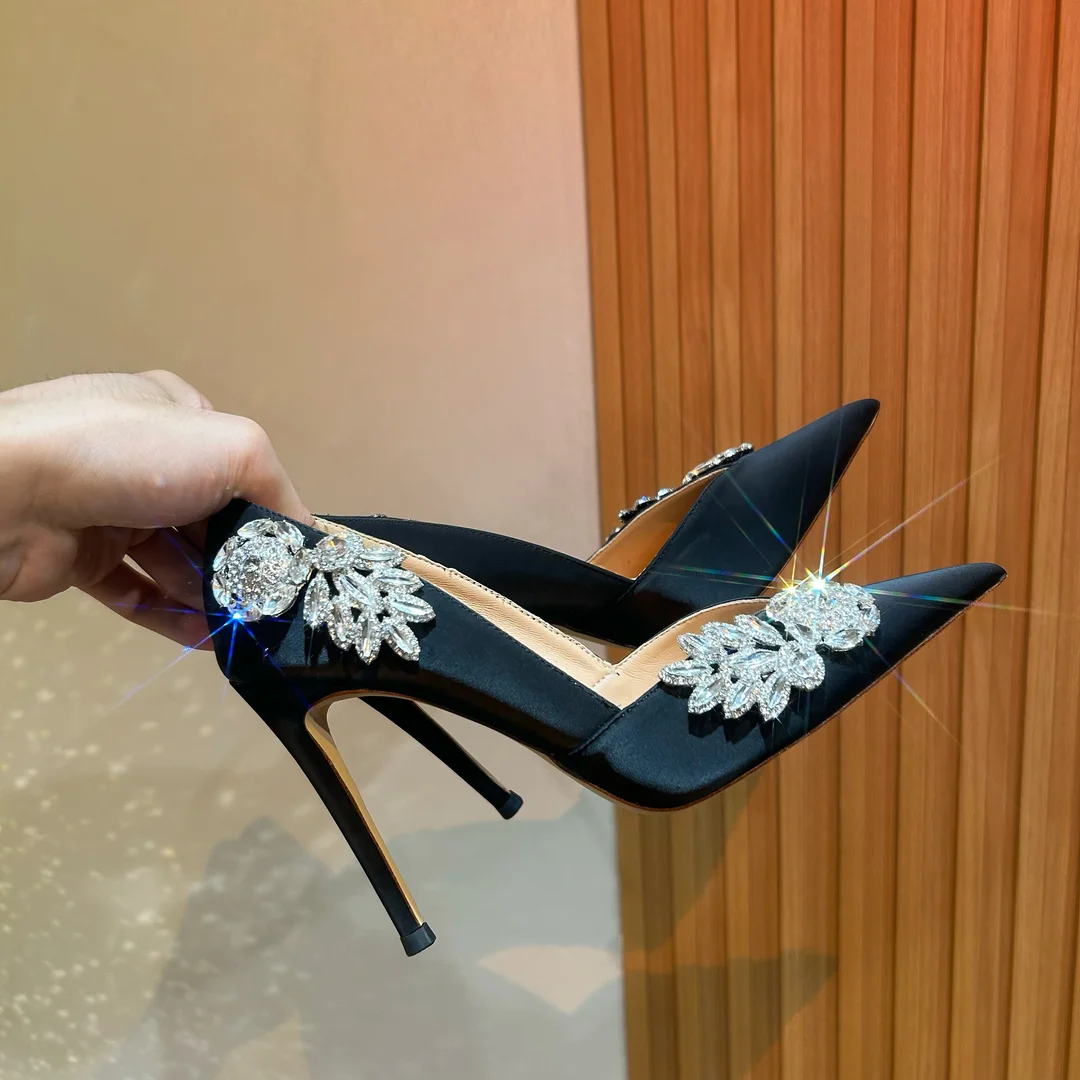 Satin Crystal Flower Pumps Solid Black Pointy Toe Thin Heels Slip On Elegant Shoes Black French Style Shallow Stiletto Shoes