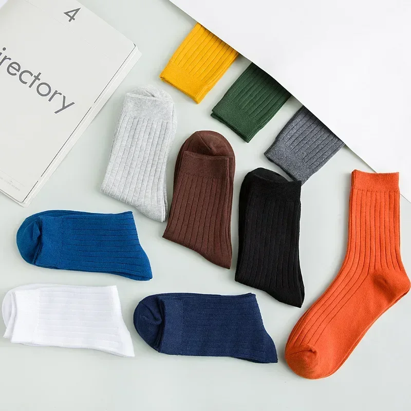 Vintage Fashion Multi-Colors Men's Socks Autumn Spring Cotton Rib Solid Colors Basic Daily Socks Men Boys