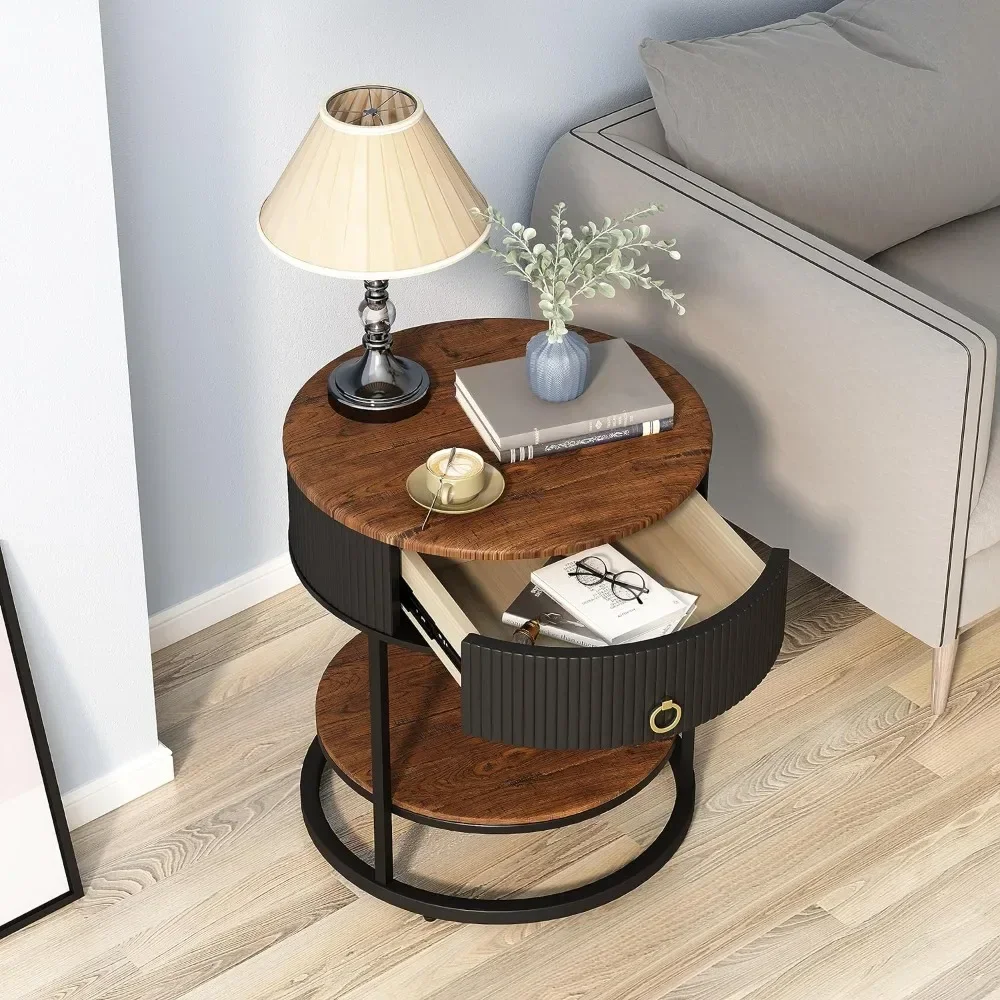 Round End Table with Drawer, Modern Wood Grain Side Table with Shelf, 2-Tier Nightstand with Drawer for Living Room, Bedroom