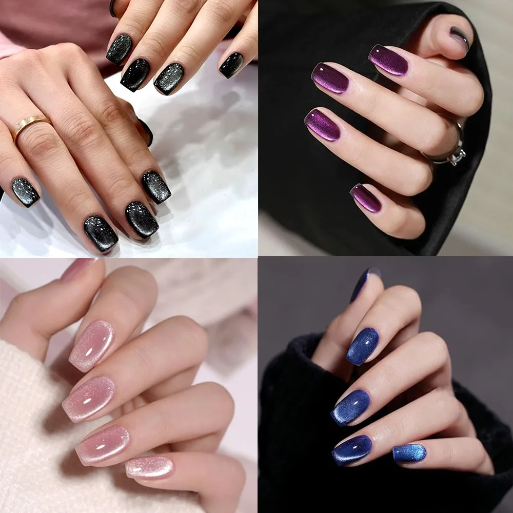 Unhas falsas francesas para meninas, olho de gato, manicure wearable, capa completa, pressione nas unhas, forma quadrada, unha falsa, moda