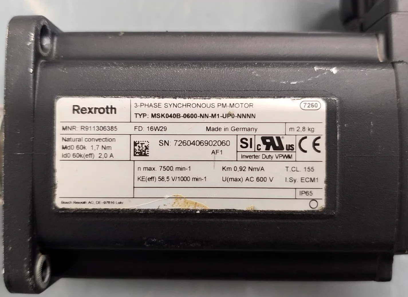 MSK040B-0600-NN-M1-UP0-NNNN Used Servo Motor，Tested ok，Fast shipping