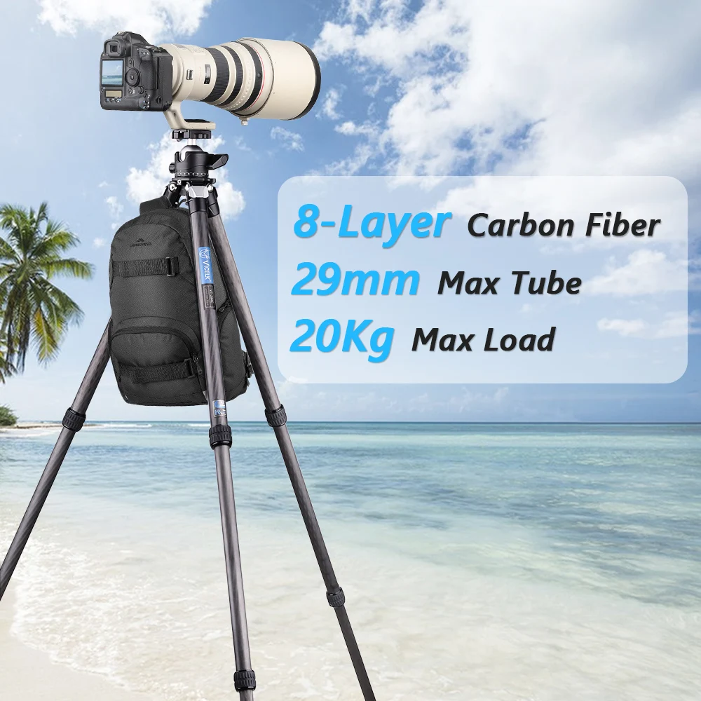 VICELK 158cm Carbon Fiber Tripod 29mm Tube Professional Ultra Stable&Lightweight Travel Tripod for DSLR Camera,Load 20kg,VT-284C