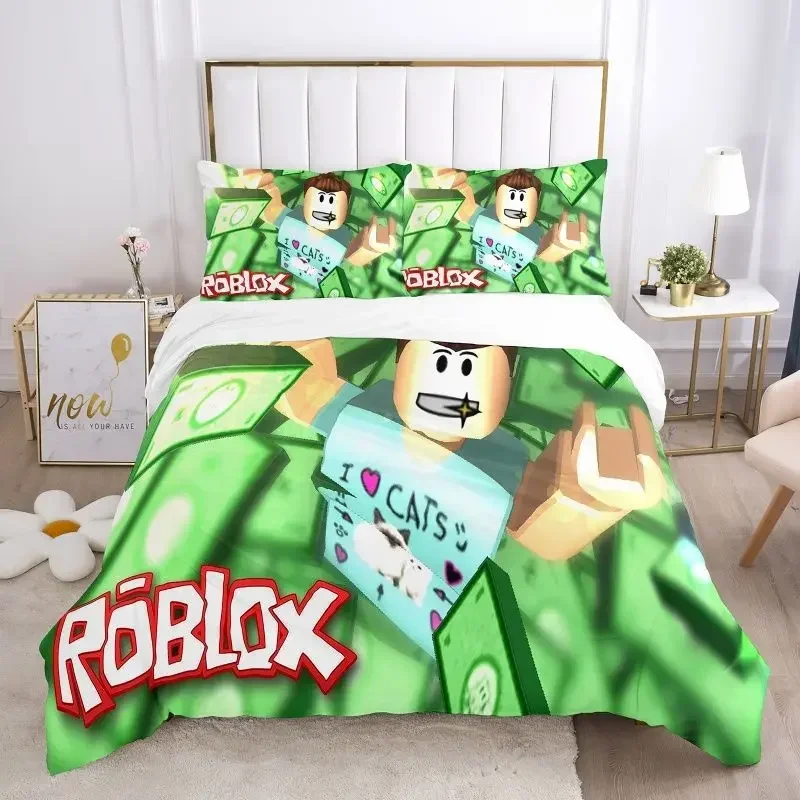 Four-piece Animation Game Virtual World Surrounding Roblox Bed Sheet Quilt Cover Student Dormitory Bed Gift for Girls Kids Boys