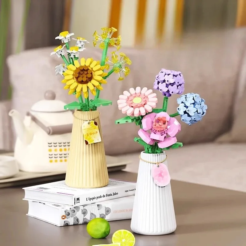 

SEMBO Simulated Eternal Bouquet Building Blocks Roses and Sunflowers Assembled Ornaments Vase Toys Creative Model Birthday Gift