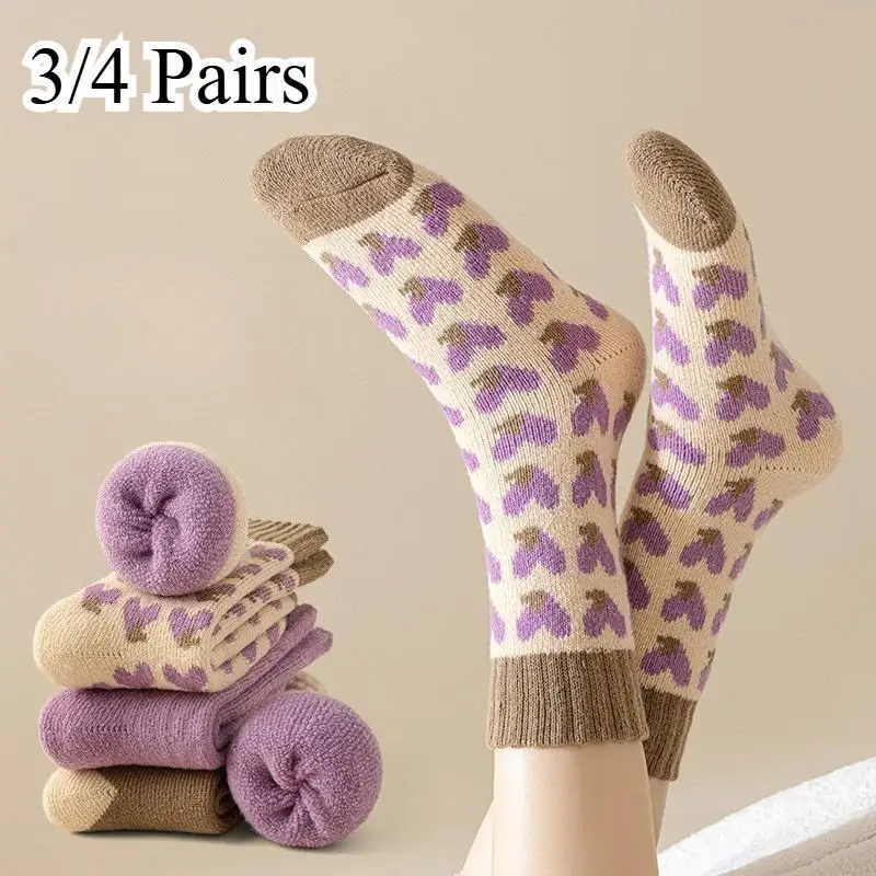 3/4 Pairs Women's Thicken Cold-proof Terry Socks Cute Warm Plush Mid-tube Socks Autumn Winter Girls Home Floor Sock