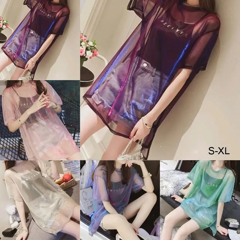 Women Transparent Mesh T-Shirt Short Sleeve Tee Tops Cover Up+Camisole Vest Top Oversize