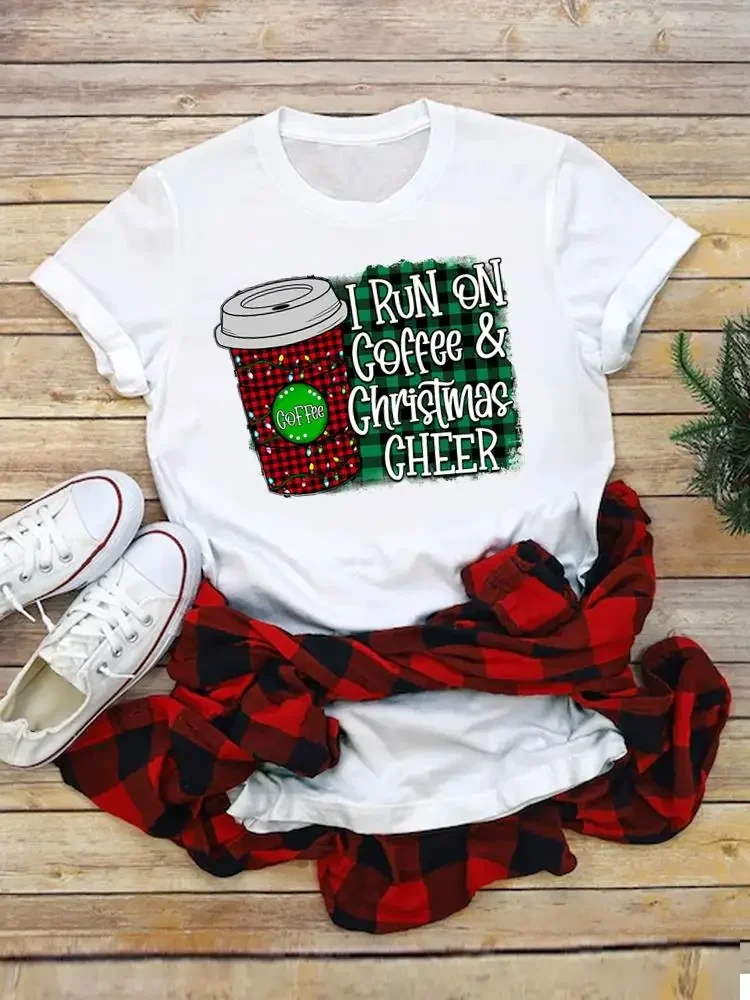 Christmas Tee T Shirt Clothing Women Top New Year Female Plaid Tree Lovely Style Trend Clothes Fashion Printed Graphic T-shirts