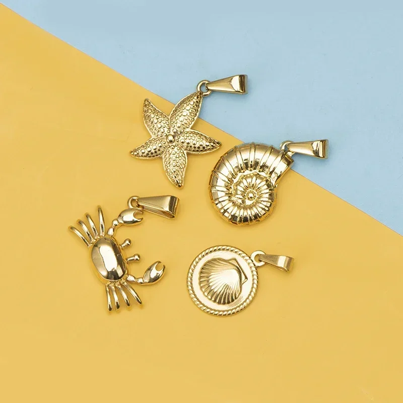 5PCS/Lot 316L Stainless Steel Gold Plated Starfish Conch Scallop Crab Shell Charm Pendant For Necklace Jewelry DIY Making Retro