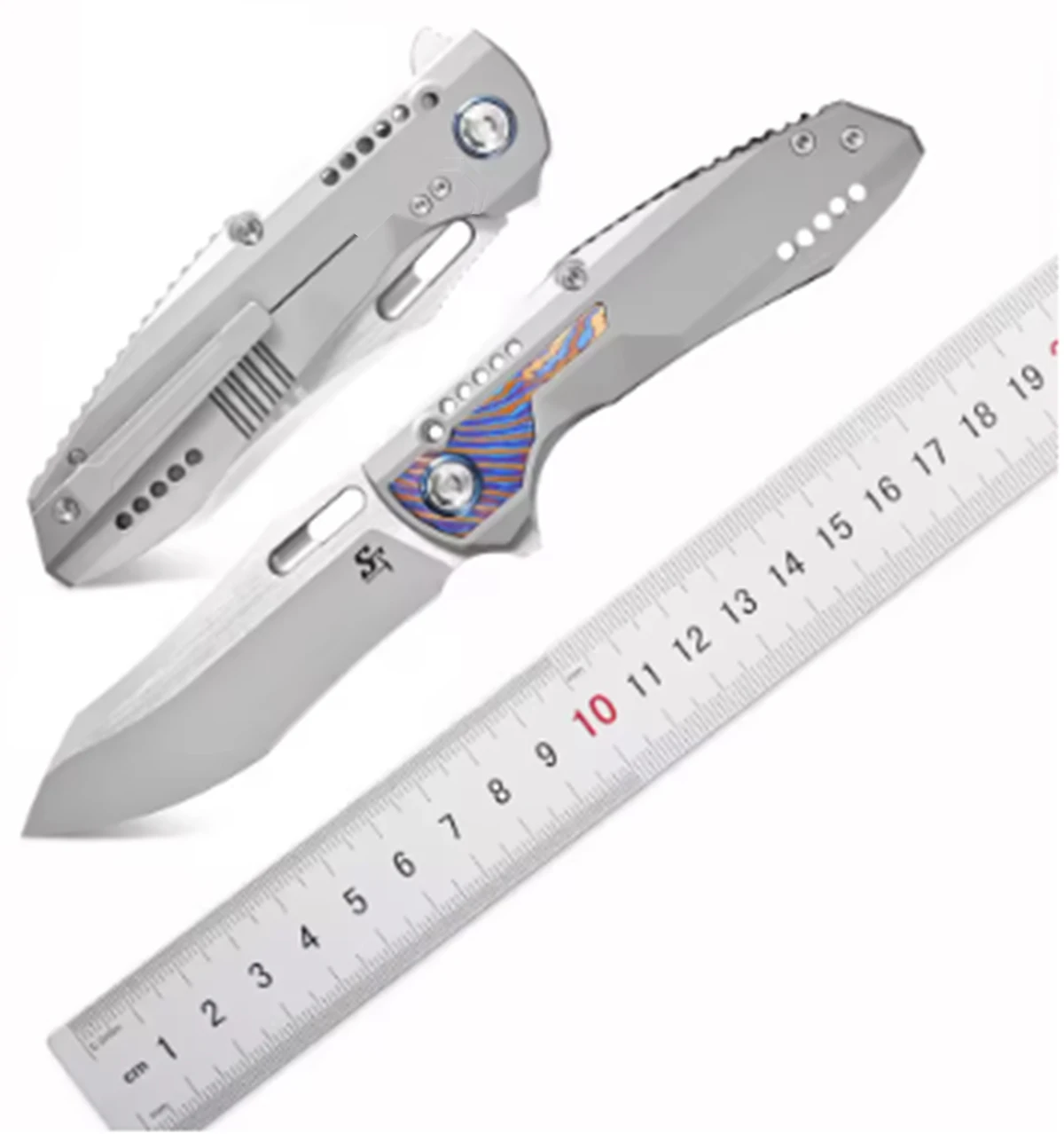 Sitivien ST275 Folding Knife M390 Steel Blade Titanium&Timascus Handle Knifes with Safety Frame Lock for Camp Collection