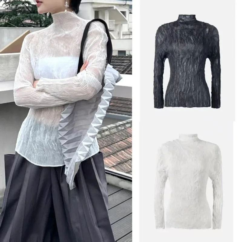 

Miyake Pleated T-shirt 2025 Summer New Half-high Neck See-through Sense of Mesh Lace with Bottoming Knit Shirt T-shirt Women