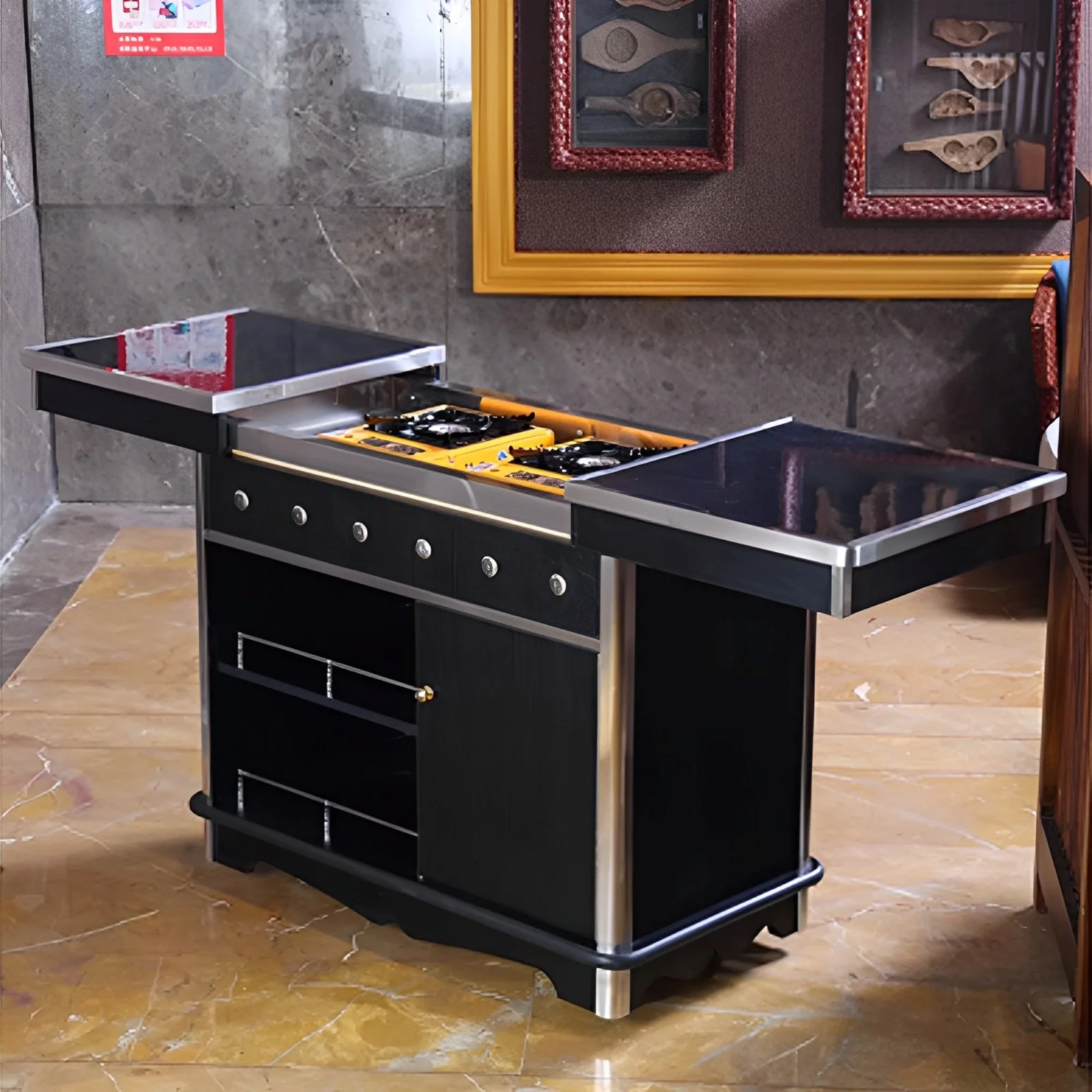 Movable single and double head cooking cart Stainless steel gas cassette stove Abalone cart Hotel restaurant Pushcart Service ca
