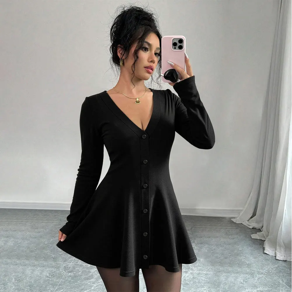 

Women Knit Mini Dress 2026 Fall Winter V Neck Bouffant Hem Long Sleeve Solid Color Chic Dress Office Casual Party Outfit