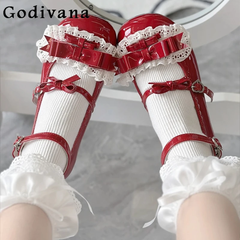 

Cream Lolita Lace Bow Girls Shoes Spring Summer Sweet Versatile Lace Single Shoes Women's Black Blue Low Heel Pumps