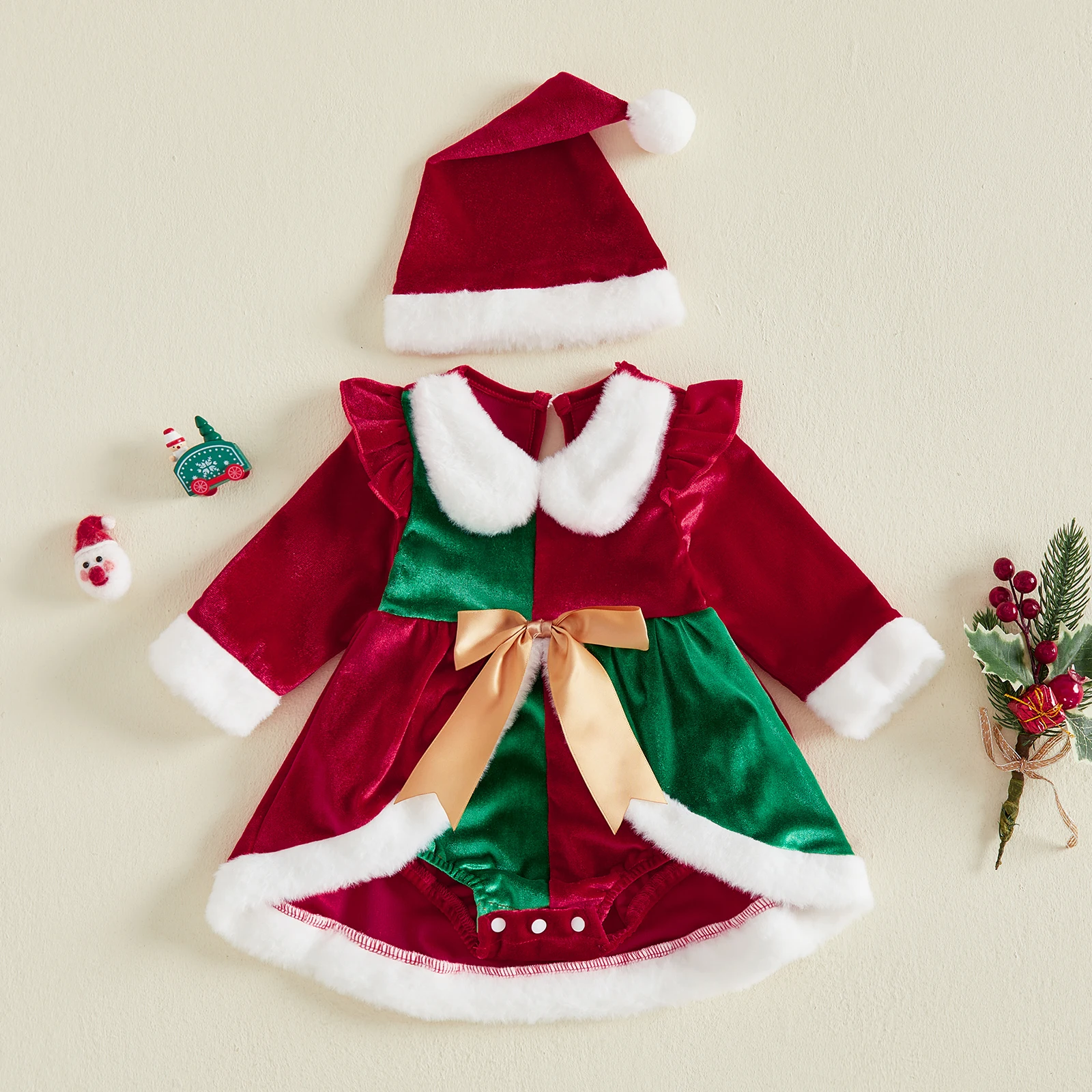 Baby Girl Christmas Outfit Furry Trim Long Sleeve Romper and Hat 2Pcs Set