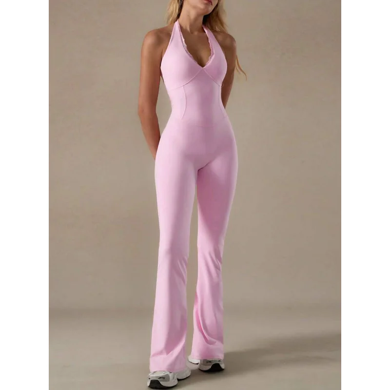 가슴 패드가 있는 여성용 레이스 넥라인 요가복, 홀터넥 점프수트, 필라테스 바디수트