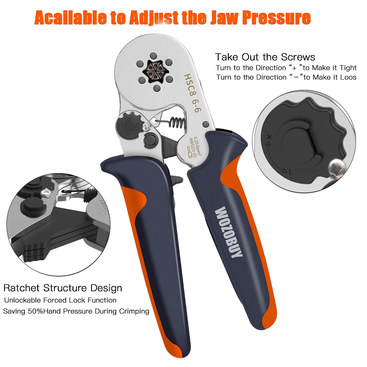 WOZOBUY Ferrule Crimping Tool Kit,HSC8 6-6A/6-4A Ratchet  Crimping Pliers, for Tubular Terminals,(Silver Head）