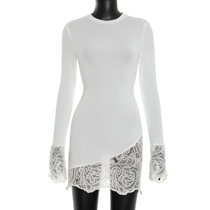 Moda feminina europeia e americana outono inverno novo estilo de menina quente em torno do pescoço retalhos renda guarnição bodycon vestido