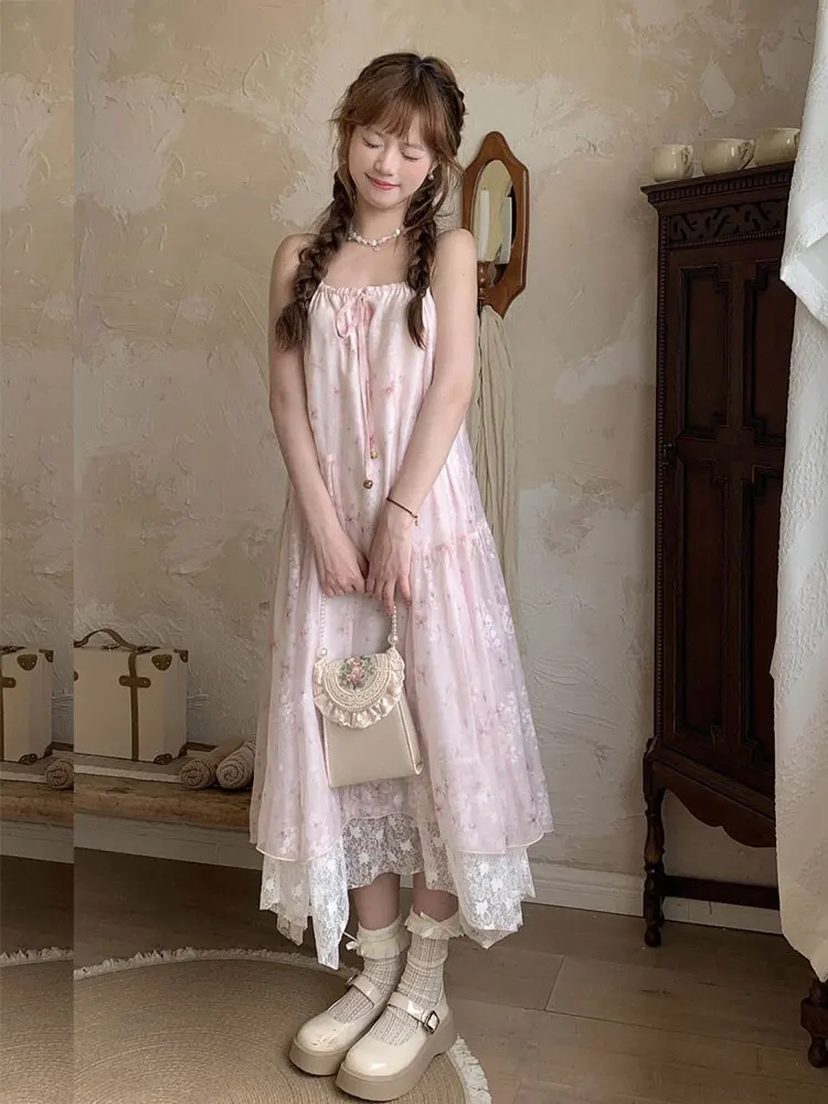 Długa spódnica damska z kwiatowym wzorem Beach Vaion, na ramiączkach, w stylu Sweet Forest System, nowa letnia sukienka z wysokim stanem, fason A-line.