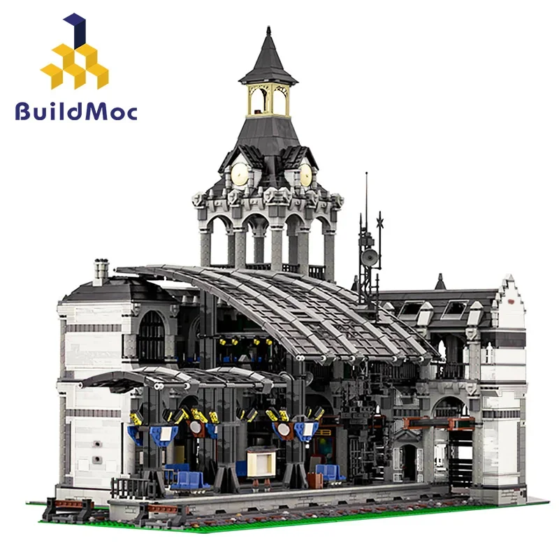 MOC-37719 Modular Train Station Building Blocks Set Architecture Railway Station Bricks Street View Toys For Children Xmas Gifts