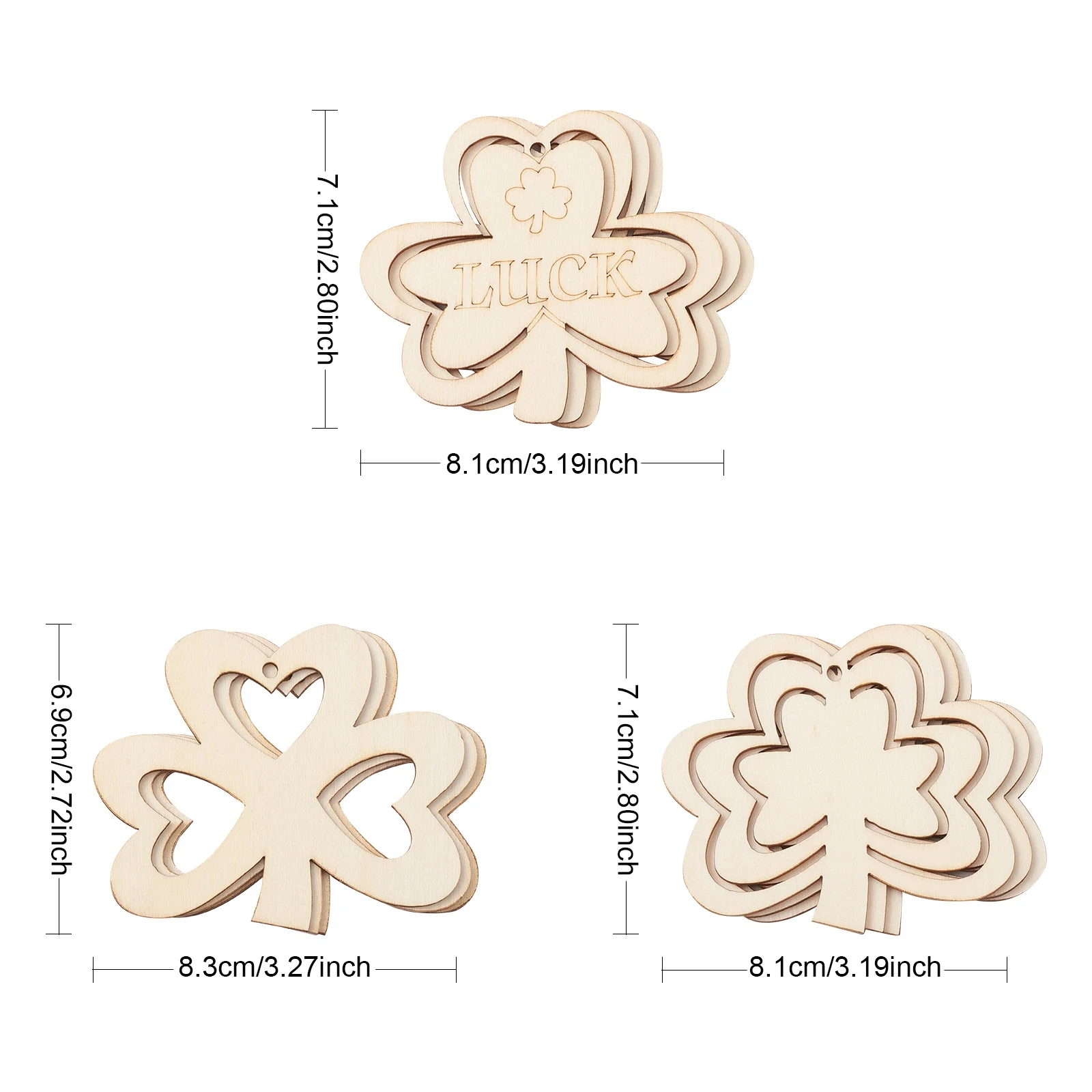 30Pcs 3 Styles St Patrick Day Decoration Luck Clover Wooden Ornaments Cutout Hanging Charms for Festival Home Party Decor