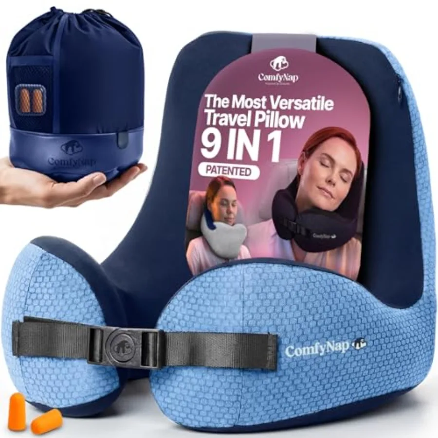

® Versatile Travel Neck Pillow for Airplane [Patented], 9 Positions in 3 Techniques, Plane Pillow with Pure Memory Foam, Travel
