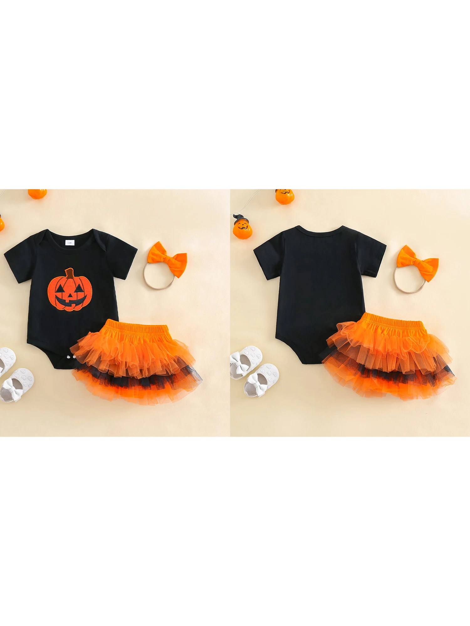 

Infant Halloween Costume Set with Short Sleeve Pumpkin Romper Tulle Skirt and Headband - Newborn Girl Outfit for