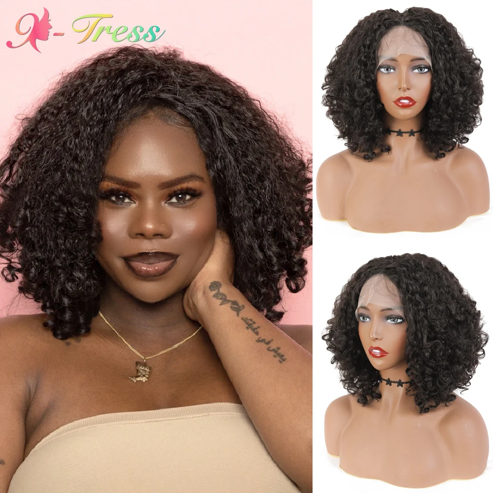 

X-TRESS Short Curly Bob Wig 12 Inch Dark Brown Middle Part Lace Front Wig Fluffy Daily Hairstyle Synthetic Wigs for Black Women