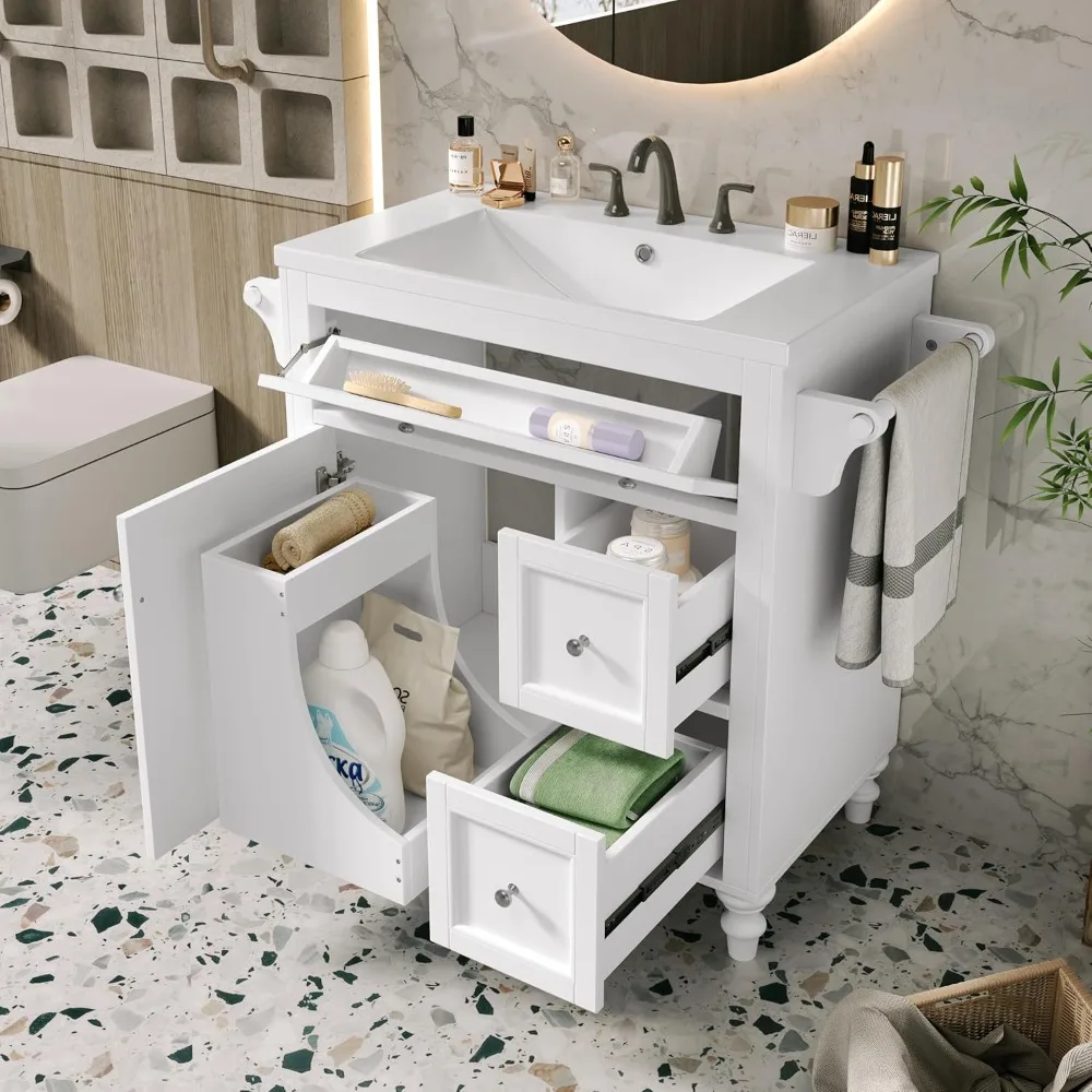 

30" Modern Bathroom Vanity with Sink – Storage Cabinet featuring 2 Drawers, Pull-Down Drawer, 2 Tower Racks & 1 Door