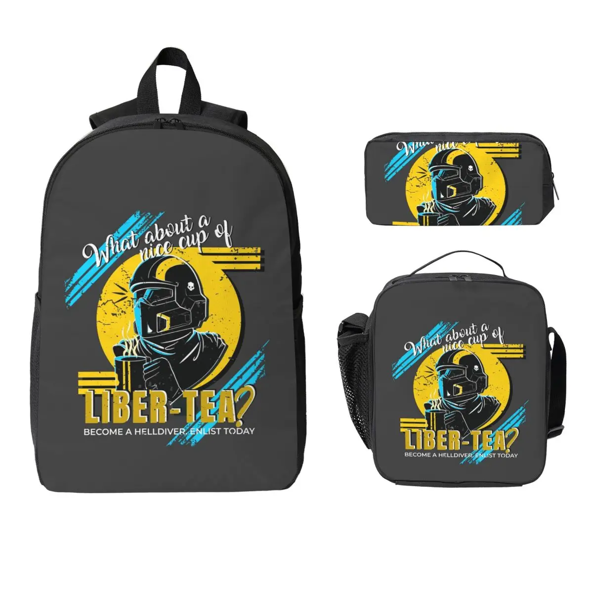 

A Cup Of Liber tea Helldivers Backpack Student Boys Girls BookBag School Bag Shoulder Bags 3ps Insulated Lunch Bag Pencil Case