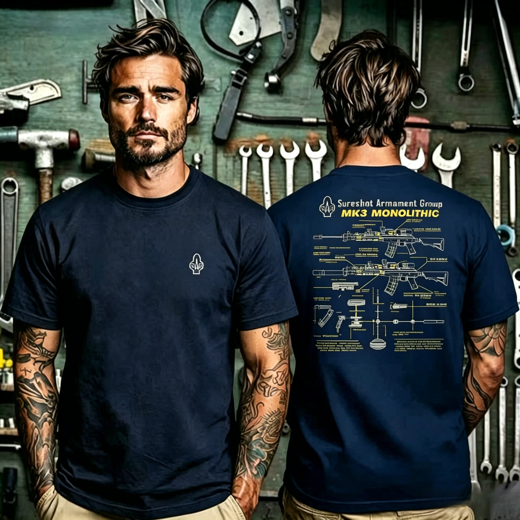 Gun Schematic Print T Shirt, Tiny Minimalist Symbol Badge on Chest and Oversized MK3 Monolithic Multi‑firearm