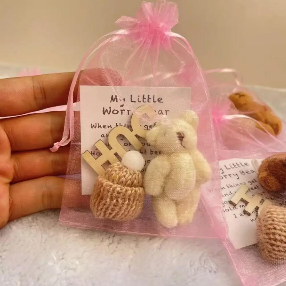Bear Toy with Mesh Bag Mini Bear Toy Pocket Hug Plush Bear Toy with Encouragement Card Mini Positive Stuffed Doll with Knitted