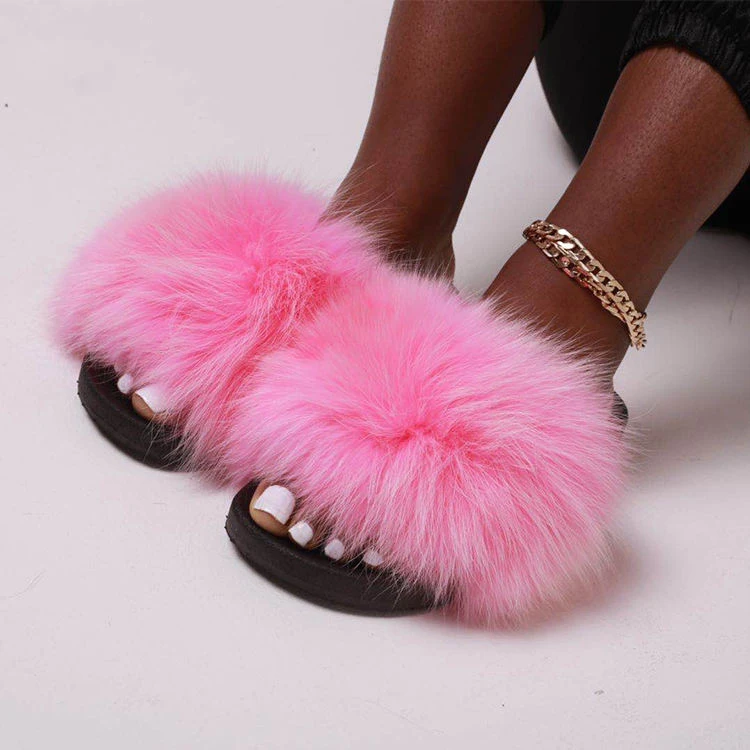 Girl Fur Slippers Summer Fly Hawaii Holiday Flat Slippers Lovely Furry Sandals Amazing Big Fur Slippers Brand Desing Shoes