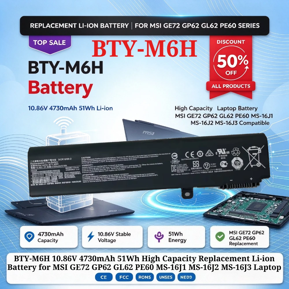 BTY-M6H 10.86V 4730mAh 51Wh High Capacity Replacement Li-ion Battery for MSI GE72 GP62 GL62 PE60 MS-16J1 MS-16J2 MS-16J3 Laptop