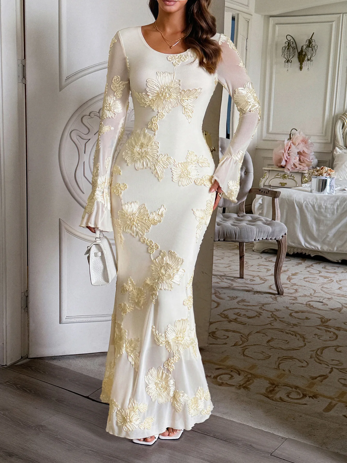 

Women's Dress 3D Floral Maxi Dress Round Neck Sheer Long Sleeve Flare Cuff Mermaid Hem Formal Evening Party Wedding Bridal Gown