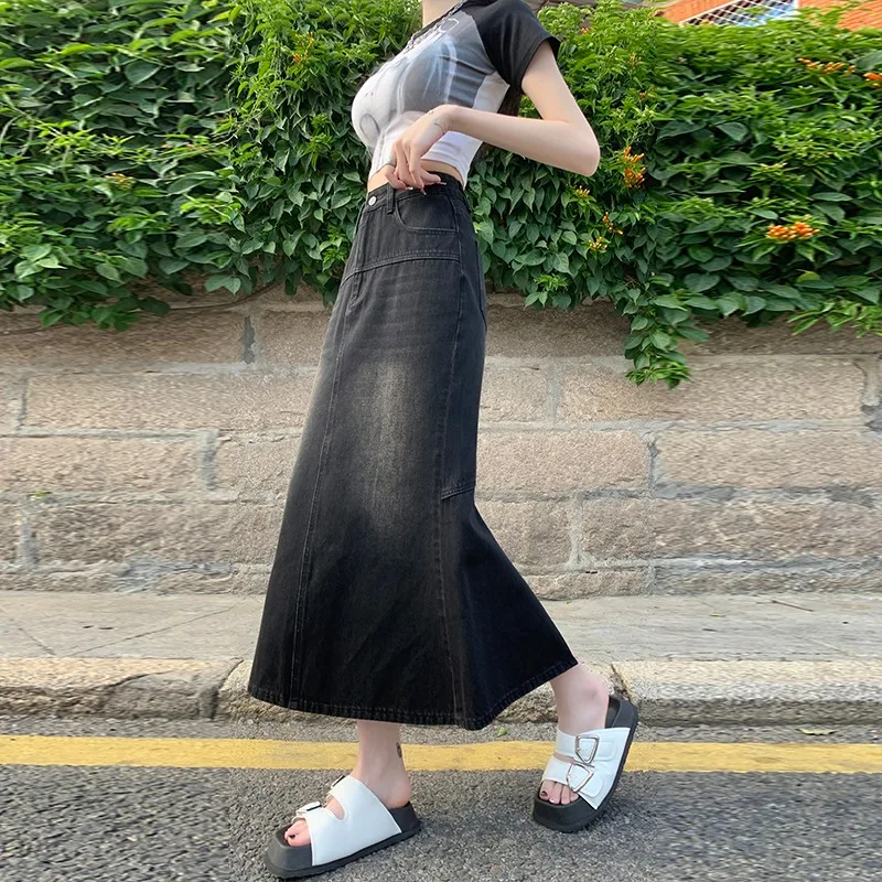 New Korean Retro Denim Skirts Women High Waist A-line Ankle-length Solid Color Skirt Office Lady Versatile Fashion Skirts Female