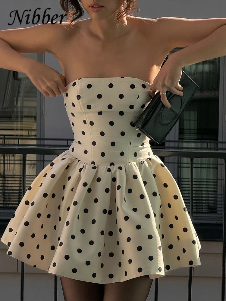 فستان Nibber Dots مطبوع للنساء عند الصدر بدون ظهر مزين بفيونكة وكشكشة بحاشية فضفاضة 2025 Y2k ملابس خروج أنيقة صغيرة #6