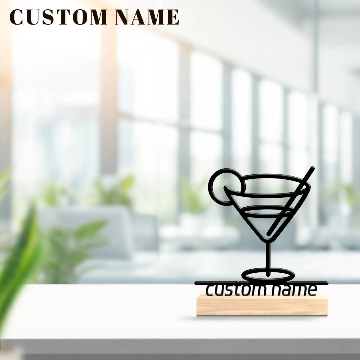 1pc Desktop Metal Ornaments Customizable Content Equipped with A Wooden Base Art Decoration, Desktop Decoration