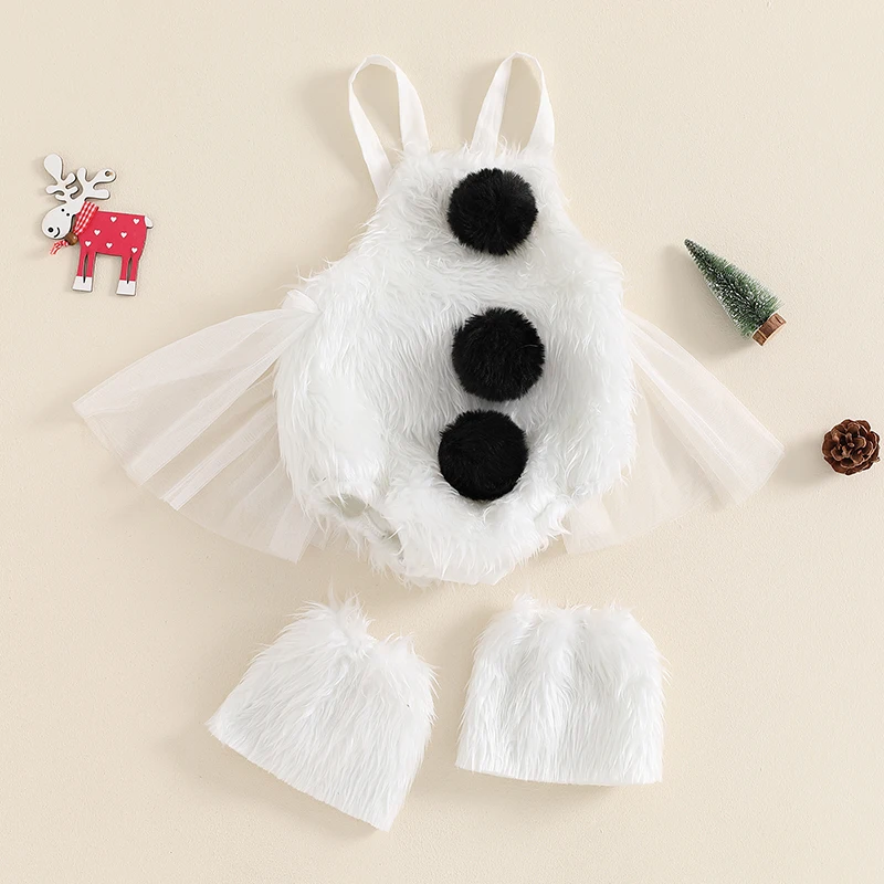 Baby Girl Snowman Costumes Set Fuzzy Sleeveless Romper with Foot Covers Christmas Set