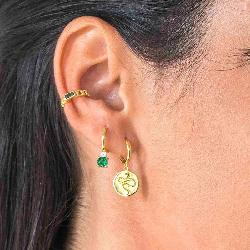 Pendientes de aro de acero inoxidable para mujer, aretes de cadena de circonita cúbica verde, estrella, Luna, relámpago, cartílago, Piercing, joyería