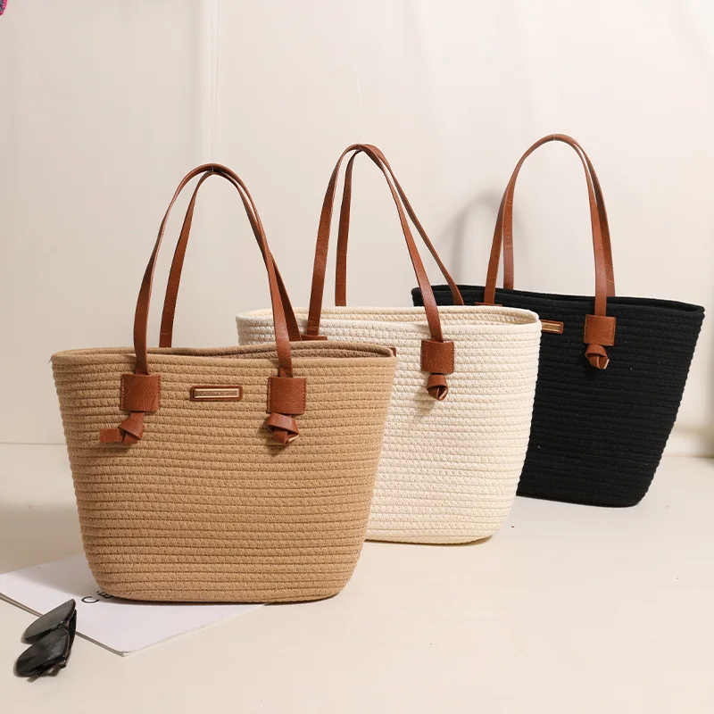 

High-end Women Cotton Woven Shoulder Bags Female Casual Large capacity Handbags Summer Holiday Straw Bag for Beach Seaside Totes