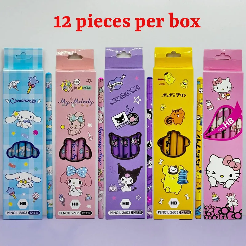 

Hello Kitty Cartoon Pencil Kuromi Cinnamon My Melody 12 Boxed Elementary HB Pencil with Eraser Children's Gift Brushes Wholesale