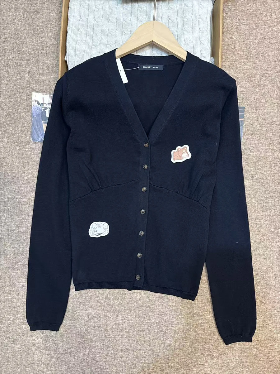 

Vintage Navy V-neck Knitted Cardigan Women Autumn Casual Streetwear Buttons Long Sleeve Coat Preppy Style Cotton Sweaters Tops