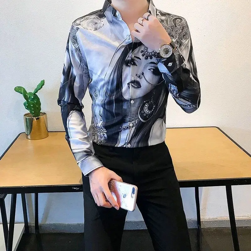 KPOP Fashion Style Harajuku Slim Fit Tops Loose Casual All Match Shirts Korean Blouses Printed Pointed Collar Long Sleeve Blusa