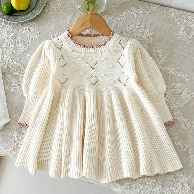 2024 New Autumn 0-4Yrs Baby Girl Party Dress Long Sleeved Knitted Kids Princess Dresses Children Knitting Clothes