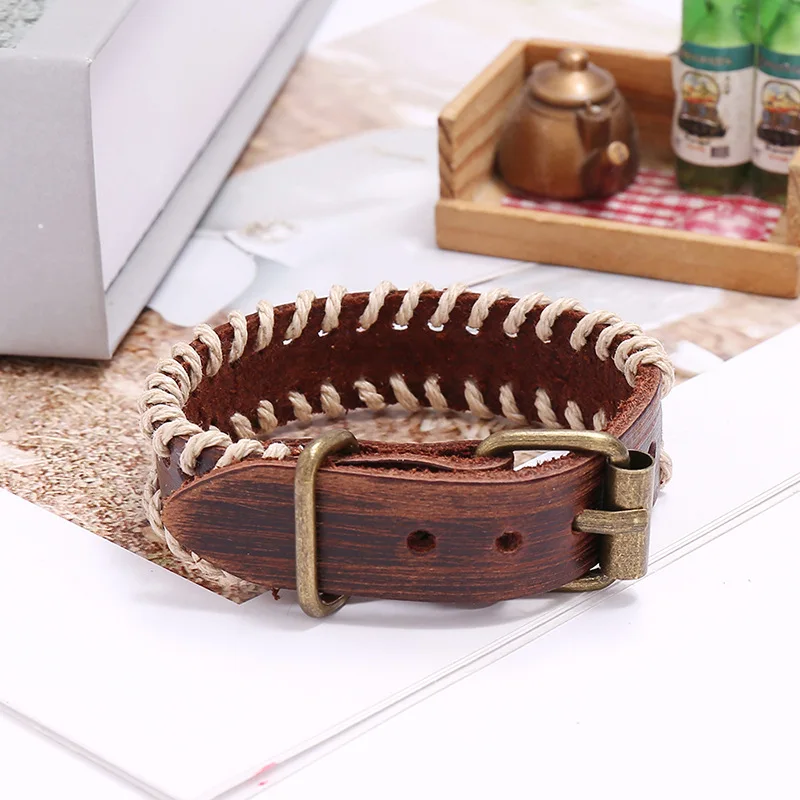 New Stitched Vintage Cowhide Weaving Wristband Adjustable Wrap Bracelets for Men Handmade Creativity Jewelry Festival Hombre