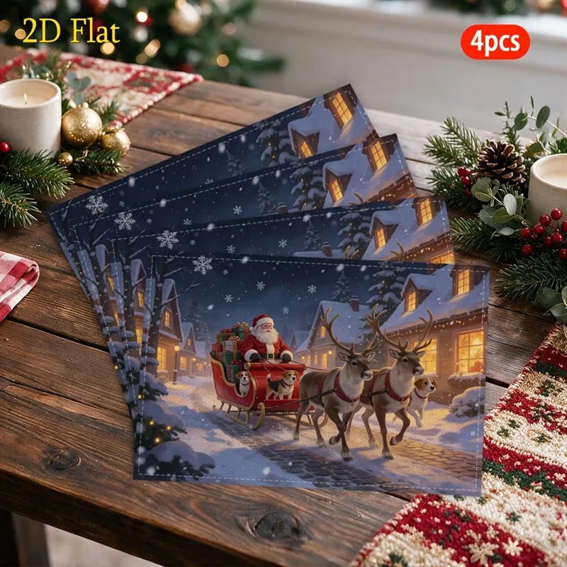 VIKAMA Christmas Linen Placemats, Vintage Gold Wreath Red Bow Luxury, Machine Washable Heat Resistant, Dining Room Decor