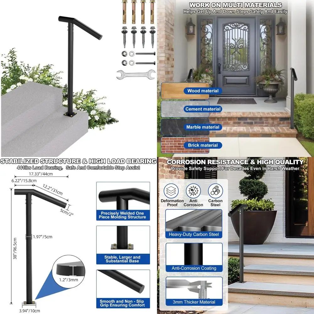 درابزين فردي بخطوة 1-2 - حاجز درج خارجي - درابزين حديد مطاوع واحد مع مجموعة أدوات DIY، مسحوق حاجز يدوي أسود 38 ساعة #1