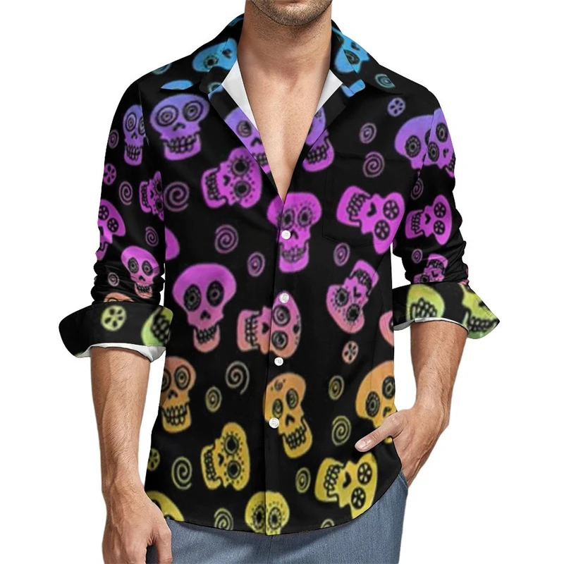 Men\'s shirt pattern shirt skull button print long sleeved daily outing V-neck fashion designer comfortable and breathable